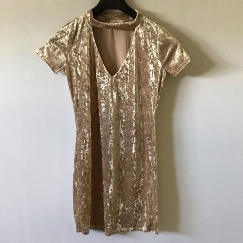 S2J woman’s size M sexy champagne, V neck polyester dress, plush velvet like